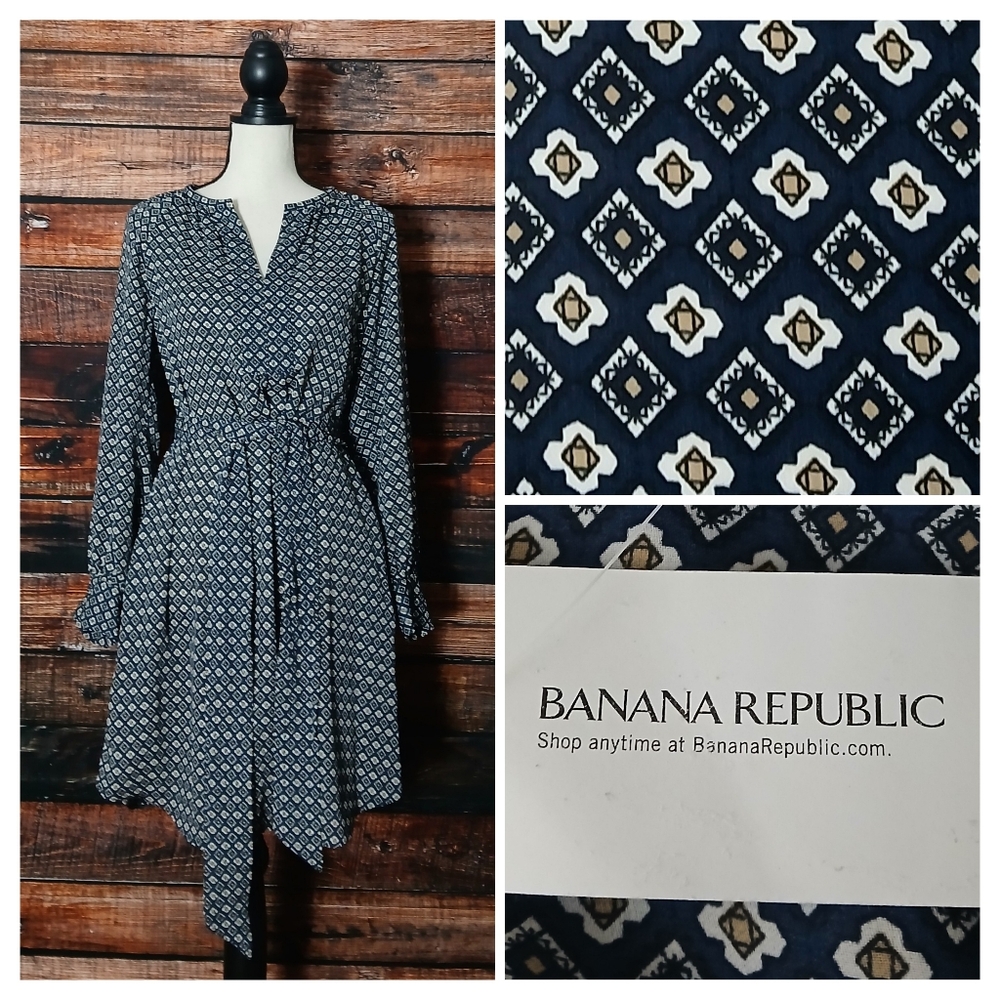 NWT Banana Republic Dress 4 Blue Belted Split Neck Geometric Pockets Long Sleeve
